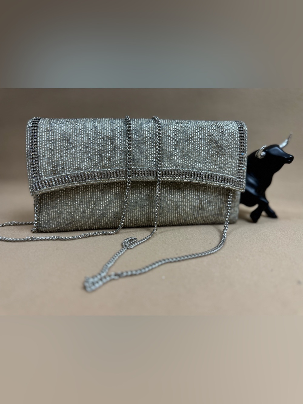 Silver Beaded Evening Clutch with Chain Strap
